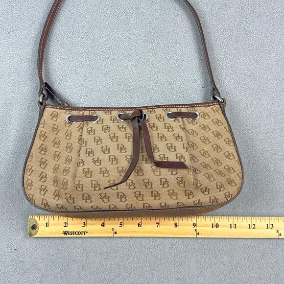 Dooney & Bourke Shoulder Bag DB Monogram Canvas Brown Tan Leather Zip Hobo Purse - Picture 2 of 12